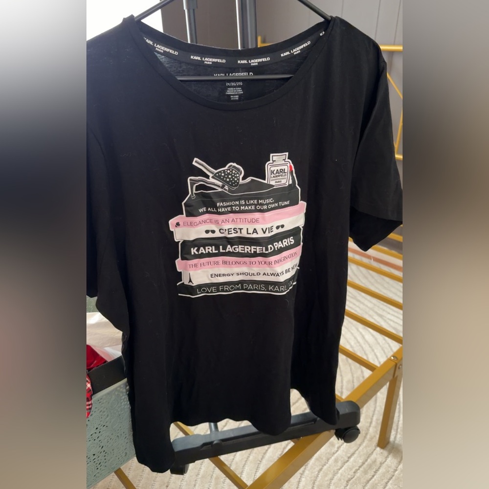 Karl Lagerfeld Black Tee with Pink and White Accents